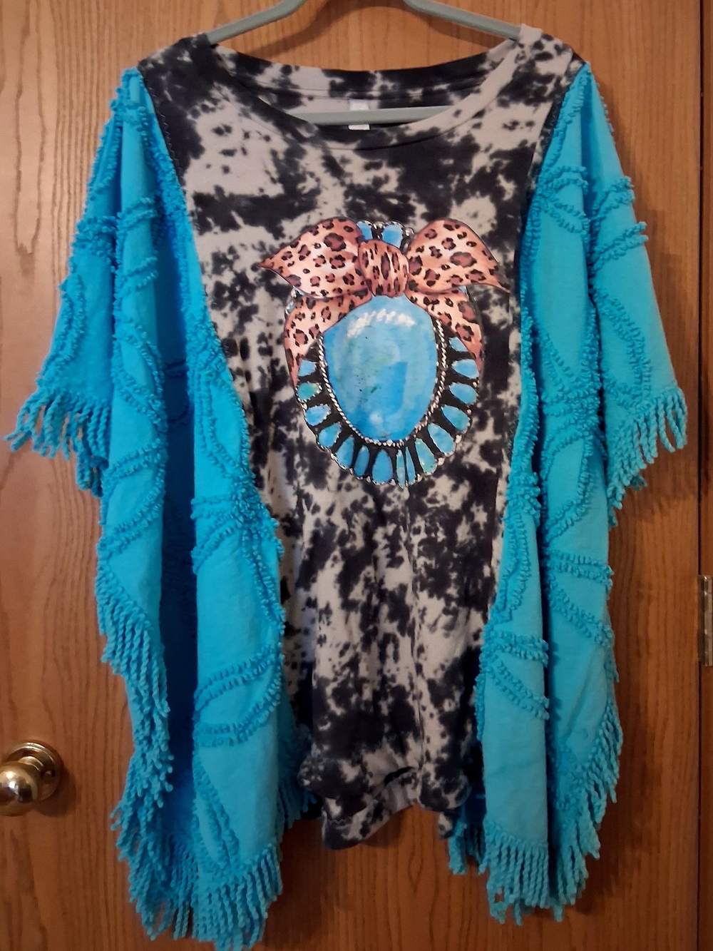 OOAK Turquoise Fringe Kimono Tunic with Tie-Dye & Statement Necklace Graphic